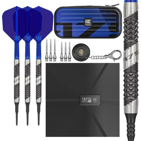 975 Ultra Marine 10 Soft Tip Darts main product image showing the darts, packaging, flights, shafts, and included accessories