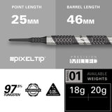 975 Ultra Marine 10 Soft Tip Darts specifications image showing barrel dimensions, weight, and technical details