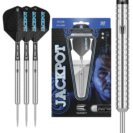 Adrian Lewis G4 Steel Tip Darts main product image showing the darts, packaging, flights, shafts, and included accessories
