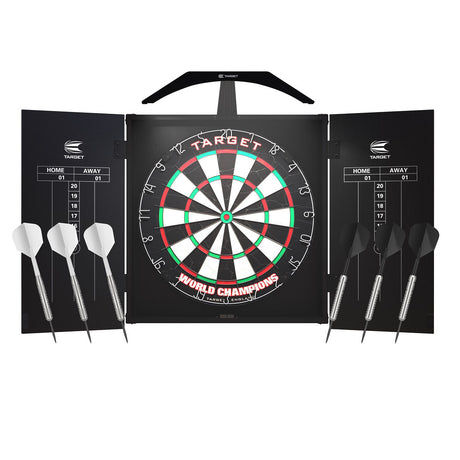 Target ARC Cabinet Complete Darts Centre with Lighting main product image showing the darts cabinet and product contents