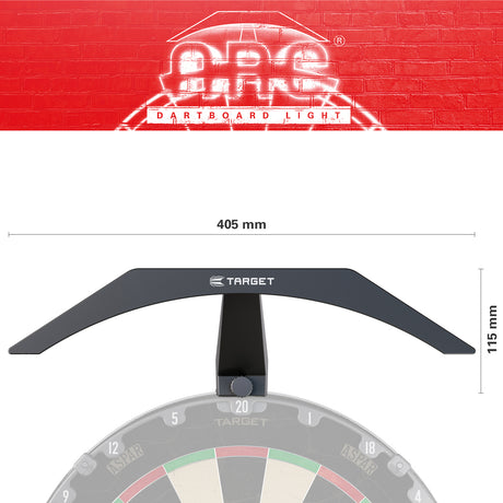 Target ARC Dartboard Light product image showing the dimensions of the light