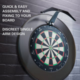 Target ARC Dartboard Light lifestyle image showing the lighting system installed in a real world darts setup and ready for play