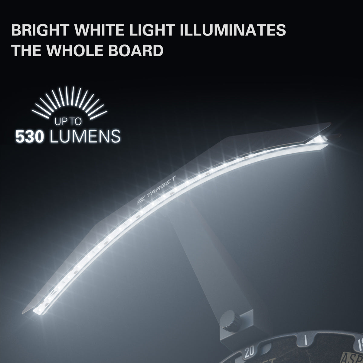 Target ARC Dartboard Light product image showing the lighting system measurements