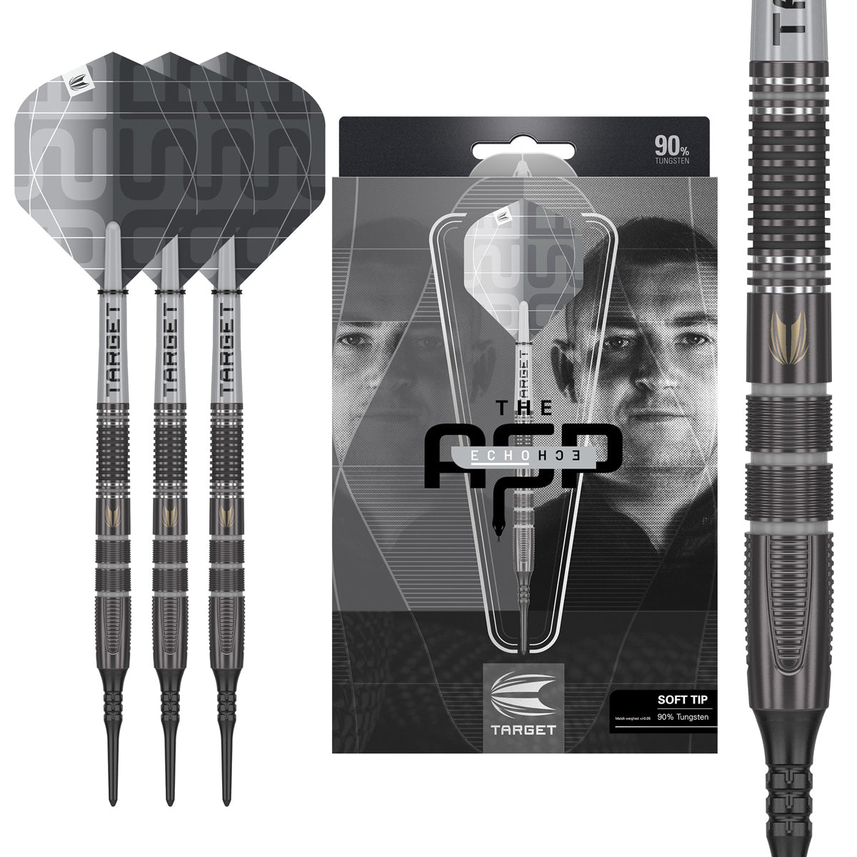 Aspinall X Echo Soft Tip Darts main product image showing the darts, packaging, flights, shafts, and included accessories