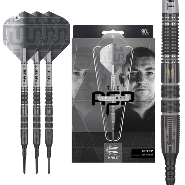 Aspinall X Echo Soft Tip Darts main product image showing the darts, packaging, flights, shafts, and included accessories