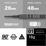 Aspinall X Echo Soft Tip Darts specifications image showing barrel dimensions, weight, and technical details