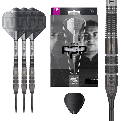 Aspinall x Echo SP Steel Tip Darts main product image showing the darts, presentation box, flights, shafts, and supplied accessories