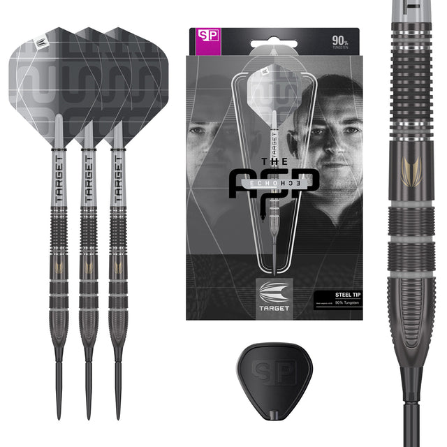Aspinall x Echo SP Steel Tip Darts main product image showing the darts, presentation box, flights, shafts, and supplied accessories