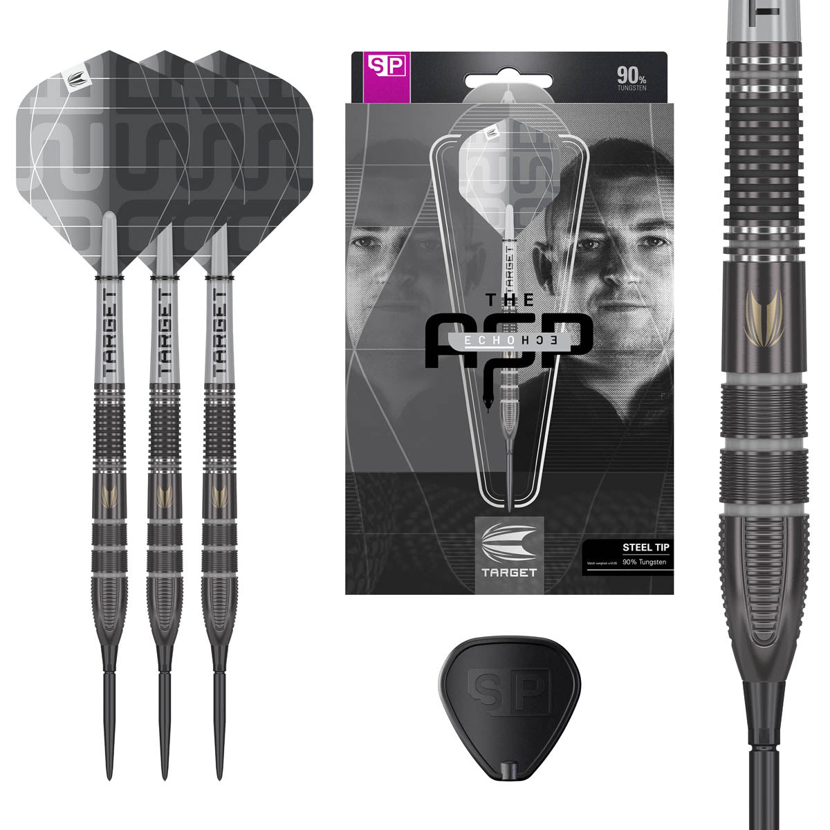 Aspinall x Echo SP Steel Tip Darts main product image showing the darts, presentation box, flights, shafts, and supplied accessories