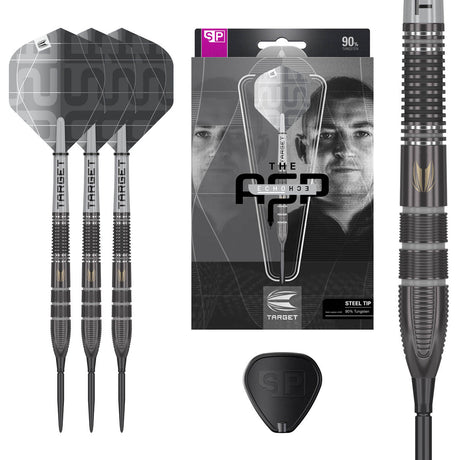 Aspinall x Echo SP Steel Tip Darts main product image showing the darts, presentation box, flights, shafts, and supplied accessories