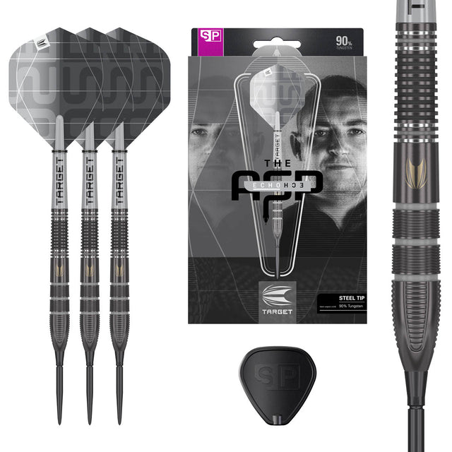 Aspinall x Echo SP Steel Tip Darts main product image showing the darts, presentation box, flights, shafts, and supplied accessories