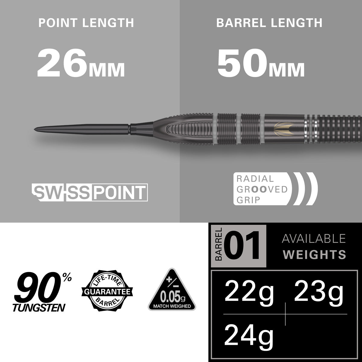 Aspinall x Echo SP Steel Tip Darts specifications image displaying barrel dimensions and technical details