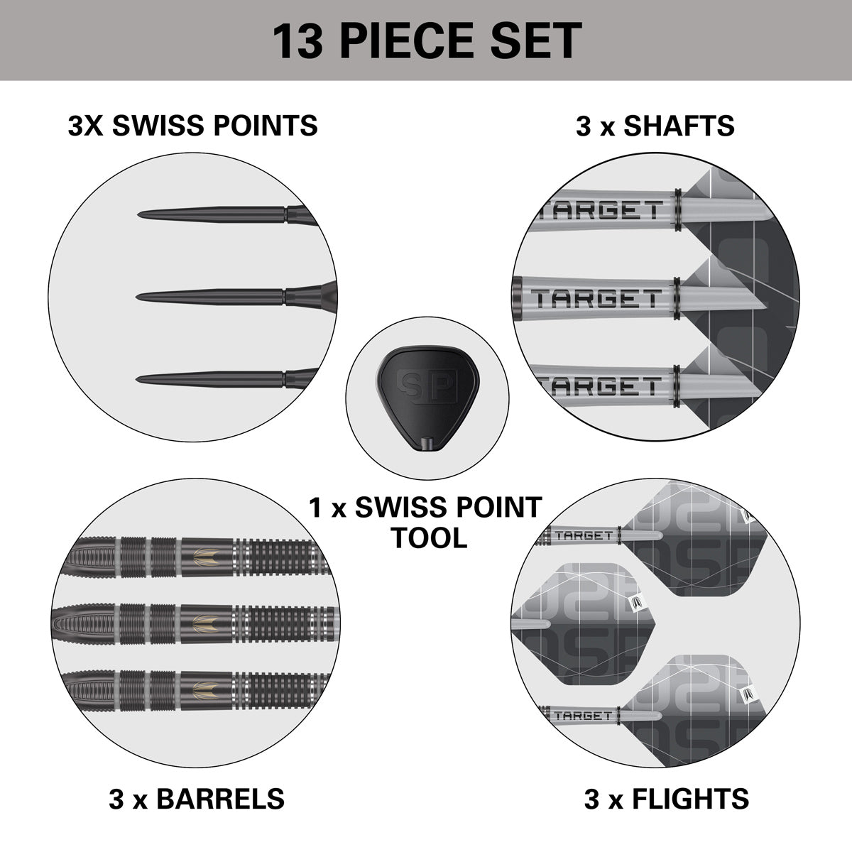 Aspinall x Echo SP Steel Tip Darts contents image displaying all included accessories and components inside the box