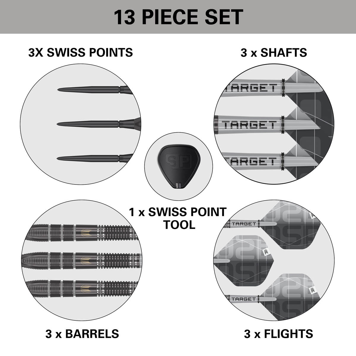 Aspinall x Echo SP Steel Tip Darts contents image displaying all included accessories and components inside the box