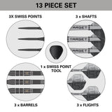 Aspinall x Echo SP Steel Tip Darts contents image displaying all included accessories and components inside the box