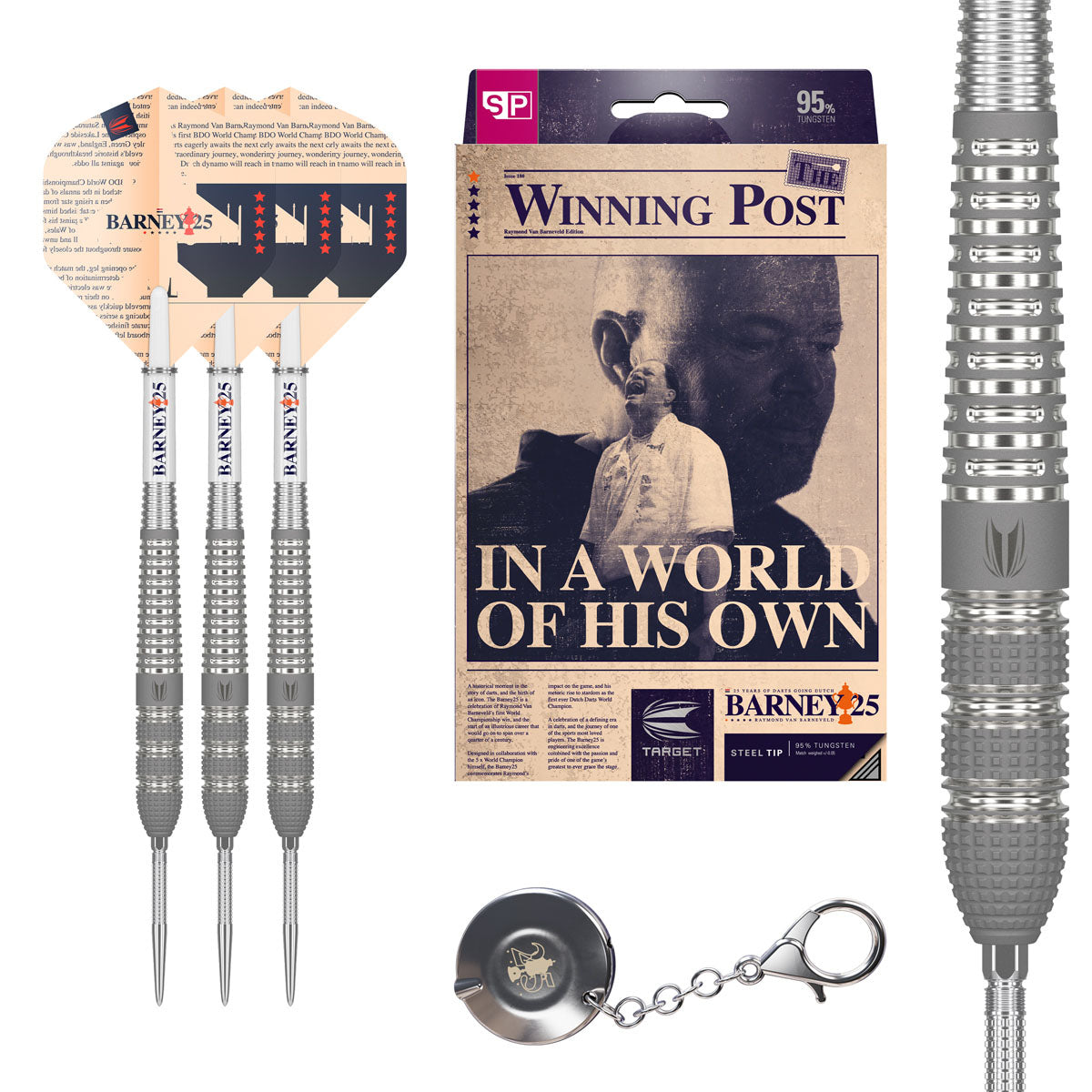 Barney 25 SP Steel Tip Darts main product image showing the darts, packaging, flights, shafts, and included accessories