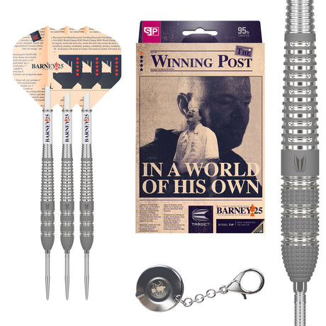 Barney 25 SP Steel Tip Darts main product image showing the darts, packaging, flights, shafts, and included accessories