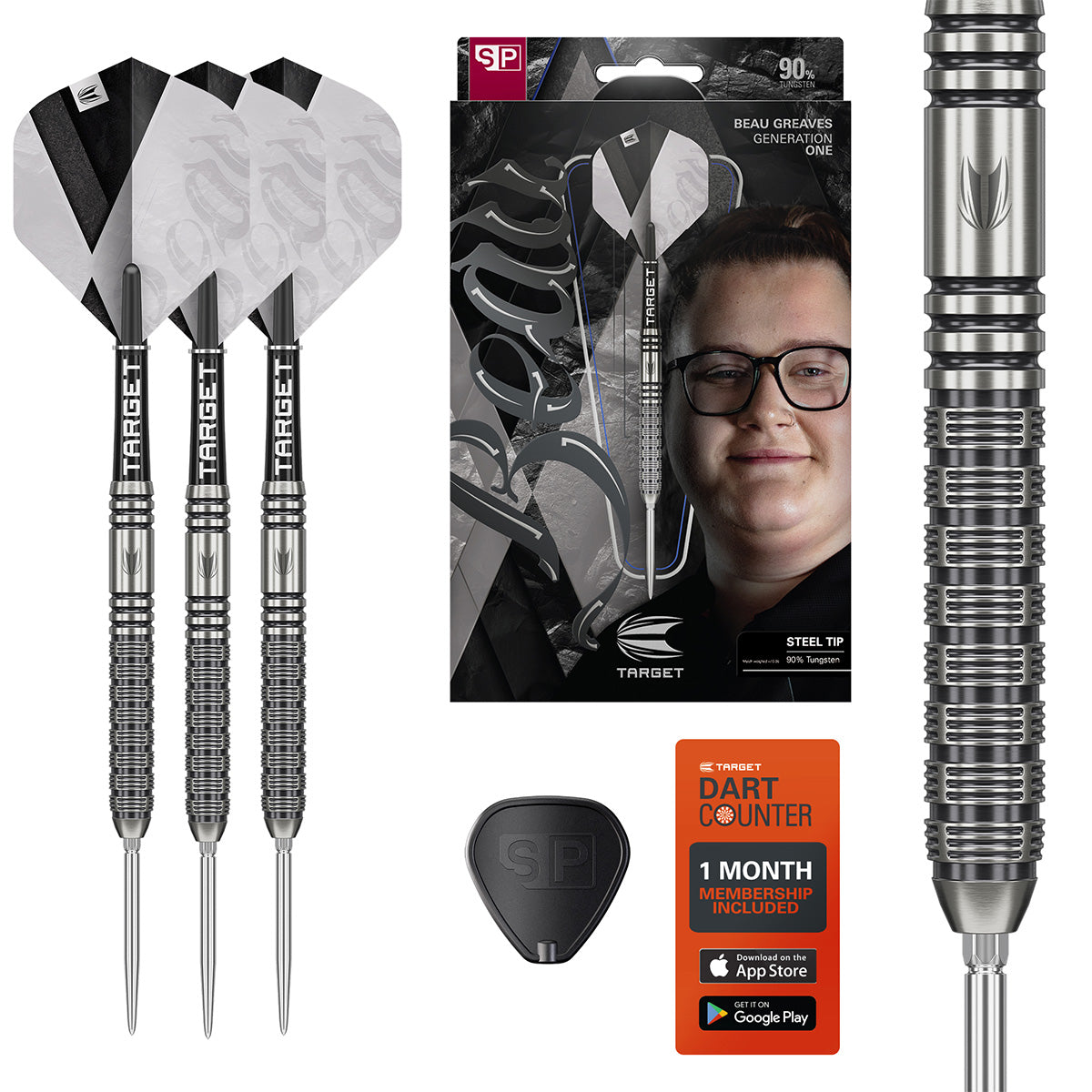 Beau Greaves G1 SP Steel Tip Darts main product image showing the darts, packaging, flights, shafts, and included accessories
