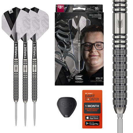 Beau Greaves G1 SP Steel Tip Darts main product image showing the darts, packaging, flights, shafts, and included accessories