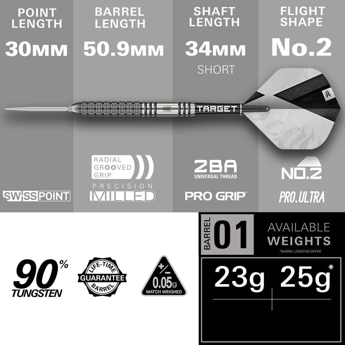 Beau Greaves G1 Steel Tip Darts specifications image showing barrel dimensions, weight, and technical details