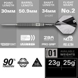Beau Greaves G1 Steel Tip Darts specifications image showing barrel dimensions, weight, and technical details