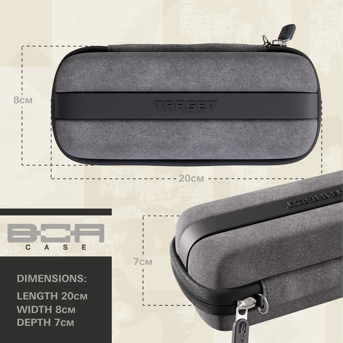 Target BOA Case Grey dimensions image showing product measurements and storage capacity