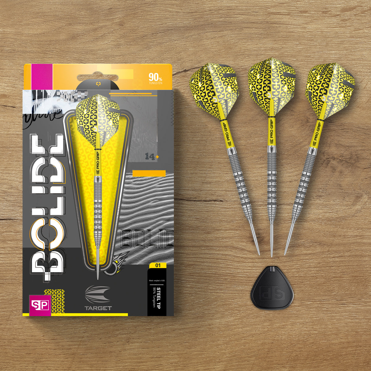 Bolide 01 SP Steel Tip Darts lifestyle setup image featuring the darts in a modern playing environment