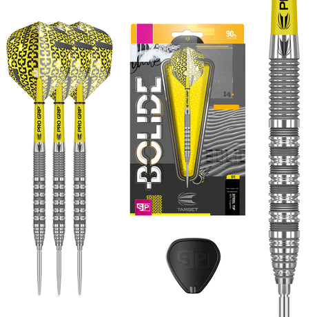 Bolide 01 SP Steel Tip Darts main product image showing the darts, packaging, flights, shafts, and supplied accessories