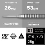 Bolide 01 SP Steel Tip Darts technical specifications image showing barrel dimensions and weights