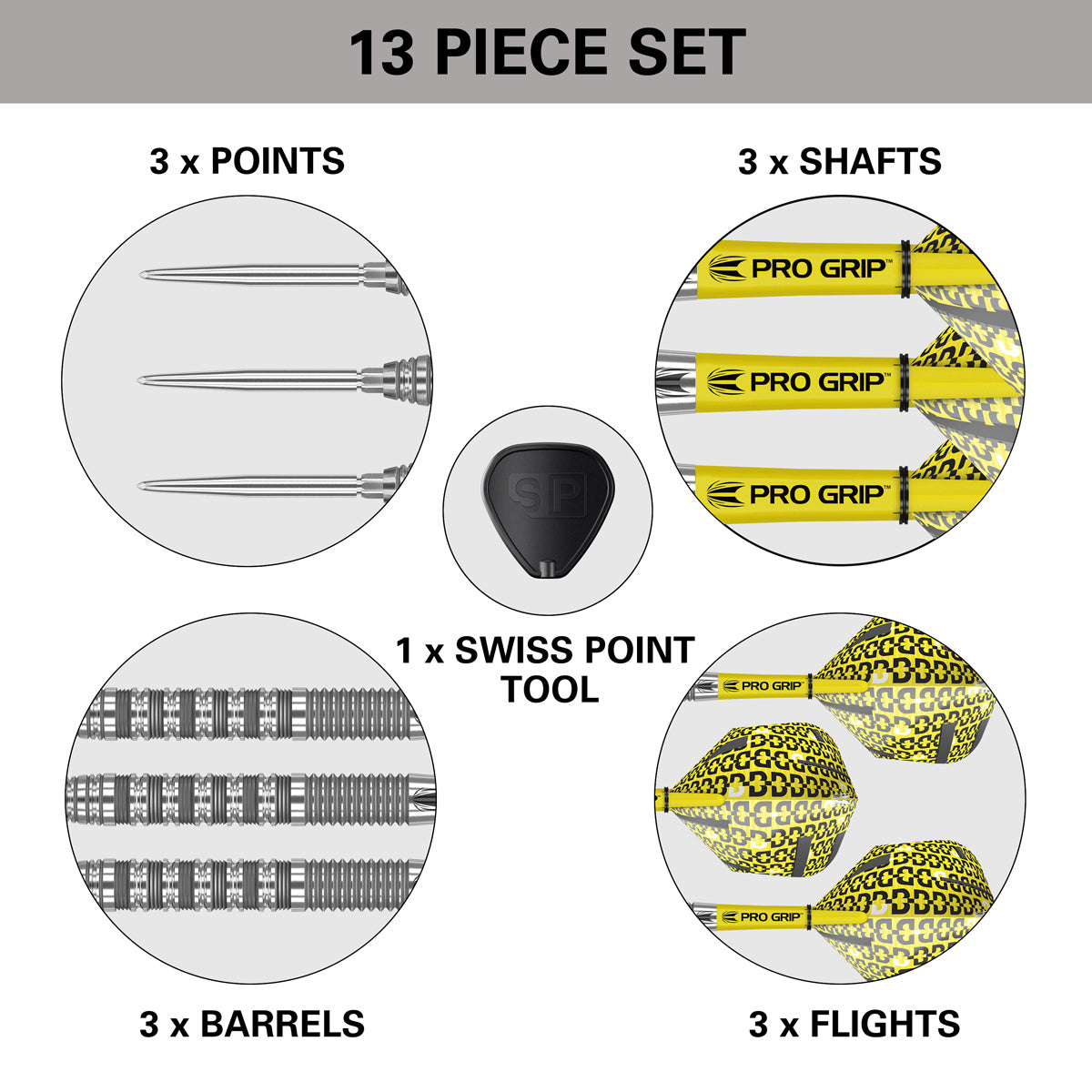 Bolide 01 SP Steel Tip Darts box contents image displaying all included accessories and components