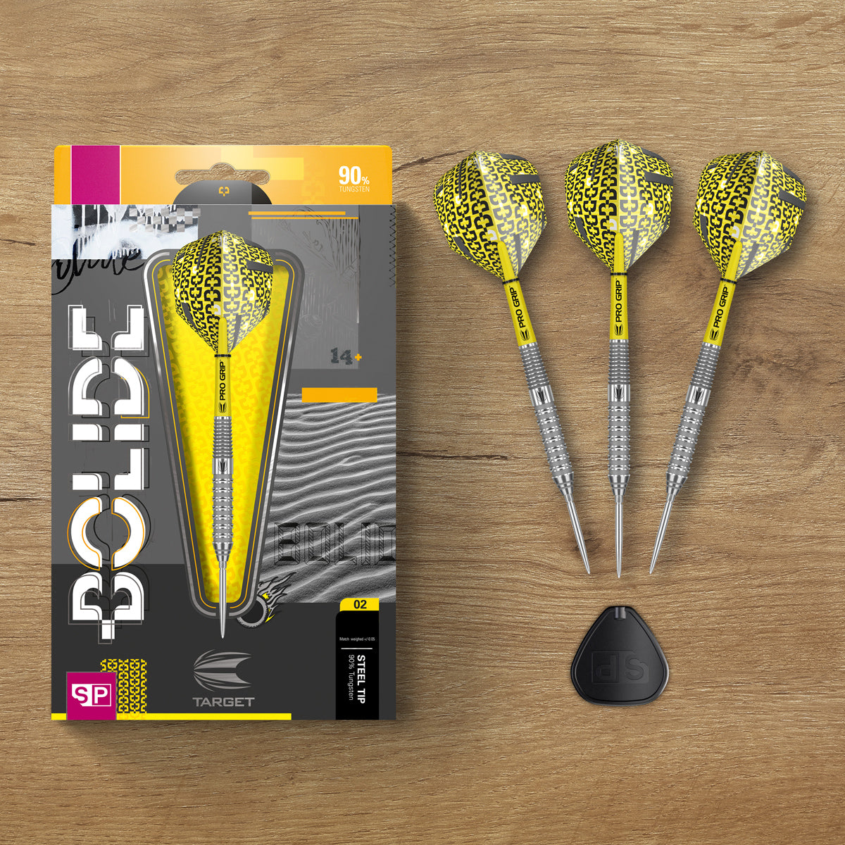 Bolide 02 SP Steel Tip Darts lifestyle image featuring the darts in a premium modern playing setup