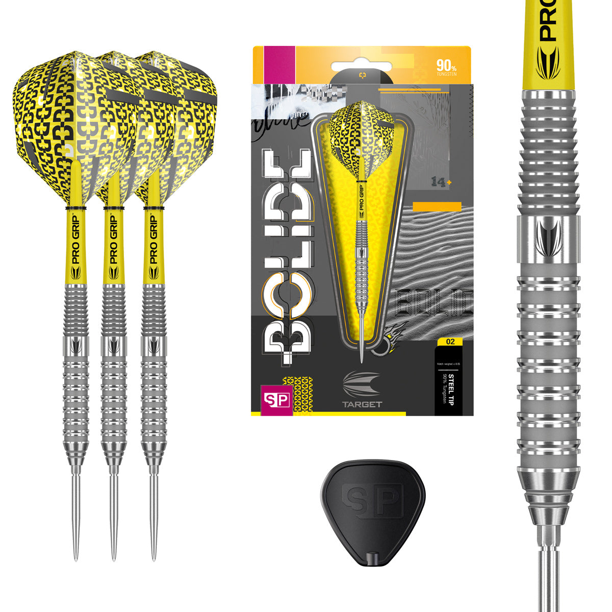 Bolide 02 SP Steel Tip Darts main product image showing the darts, packaging, flights, shafts, and included accessories