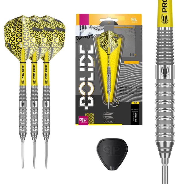 Bolide 02 SP Steel Tip Darts main product image showing the darts, packaging, flights, shafts, and included accessories
