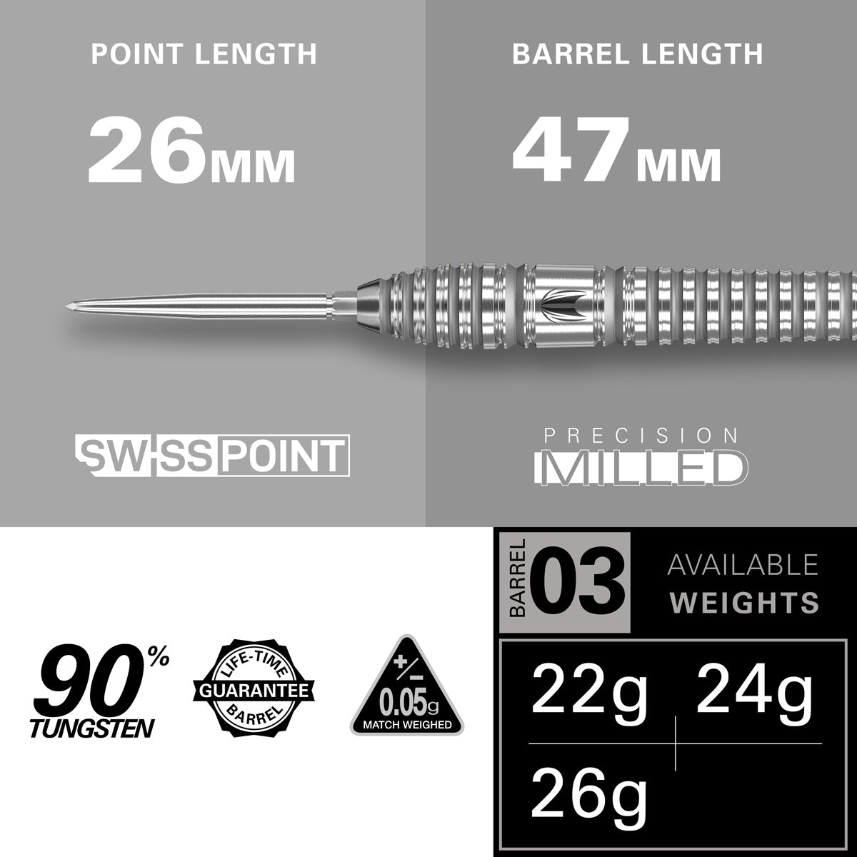Bolide 03 SP Steel Tip Darts technical specifications image displaying barrel dimensions and dart weights