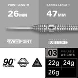 Bolide 03 SP Steel Tip Darts technical specifications image displaying barrel dimensions and dart weights