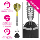 Bolide 03 SP Steel Tip Darts Swiss Point system image demonstrating the interchangeable point technology