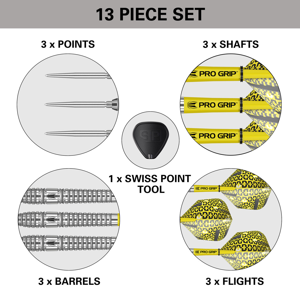 Bolide 03 SP Steel Tip Darts complete contents image showing all included accessories and components