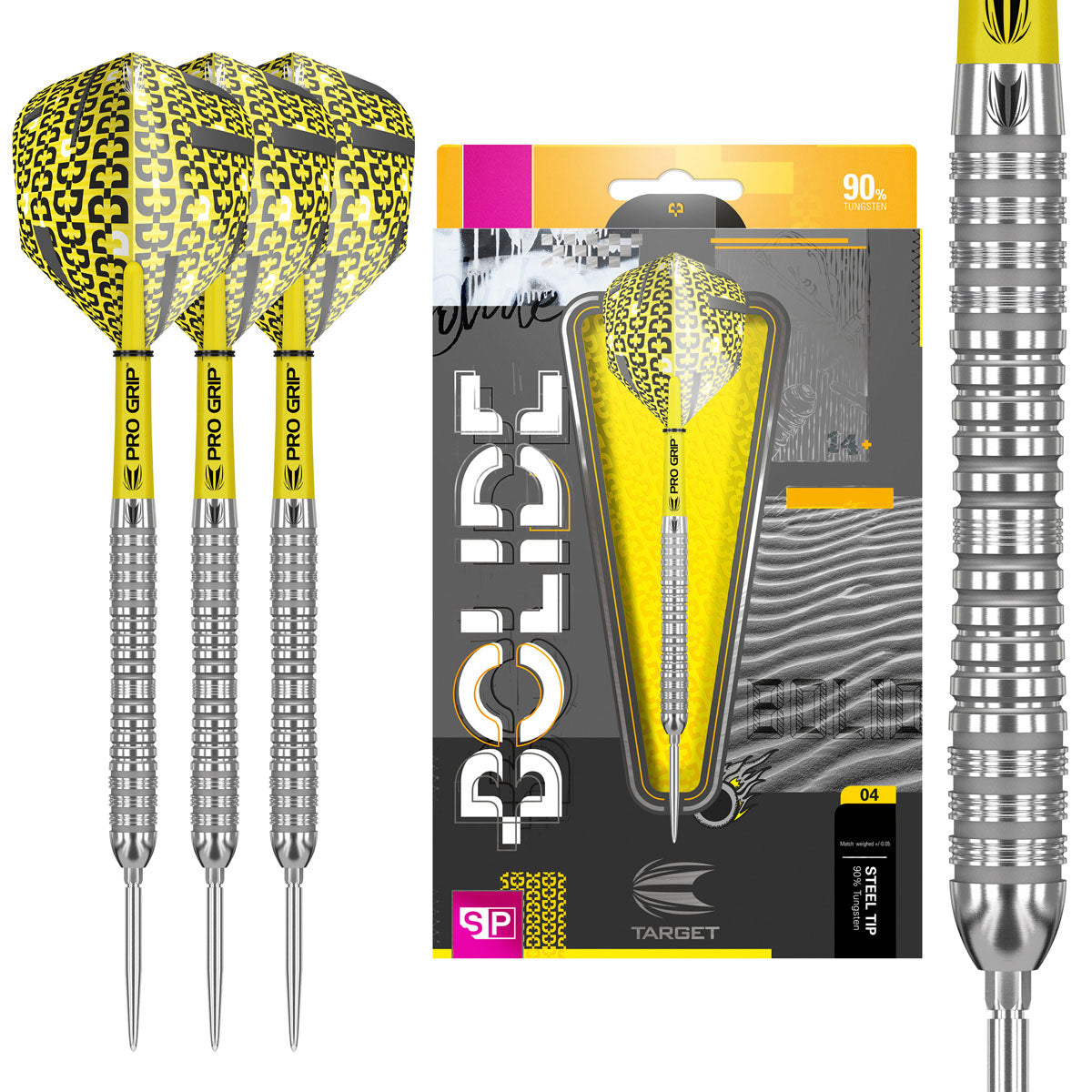 Bolide 04 SP Steel Tip Darts main product image showing the darts, packaging, flights, shafts, and included accessories