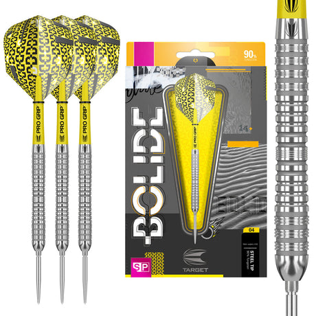 Bolide 04 SP Steel Tip Darts main product image showing the darts, packaging, flights, shafts, and included accessories