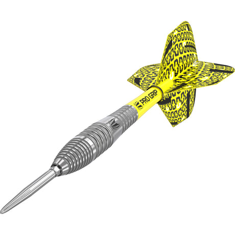 Bolide 05 SP Steel Tip Darts close up angle image highlighting the barrel grip and precision machining