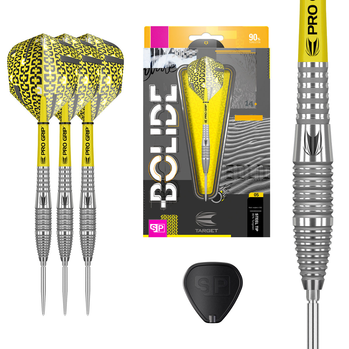 Bolide 05 SP Steel Tip Darts main product image showing the darts, packaging, flights, shafts, and included accessories