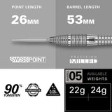 Bolide 05 SP Steel Tip Darts specifications image displaying barrel dimensions and technical dart information