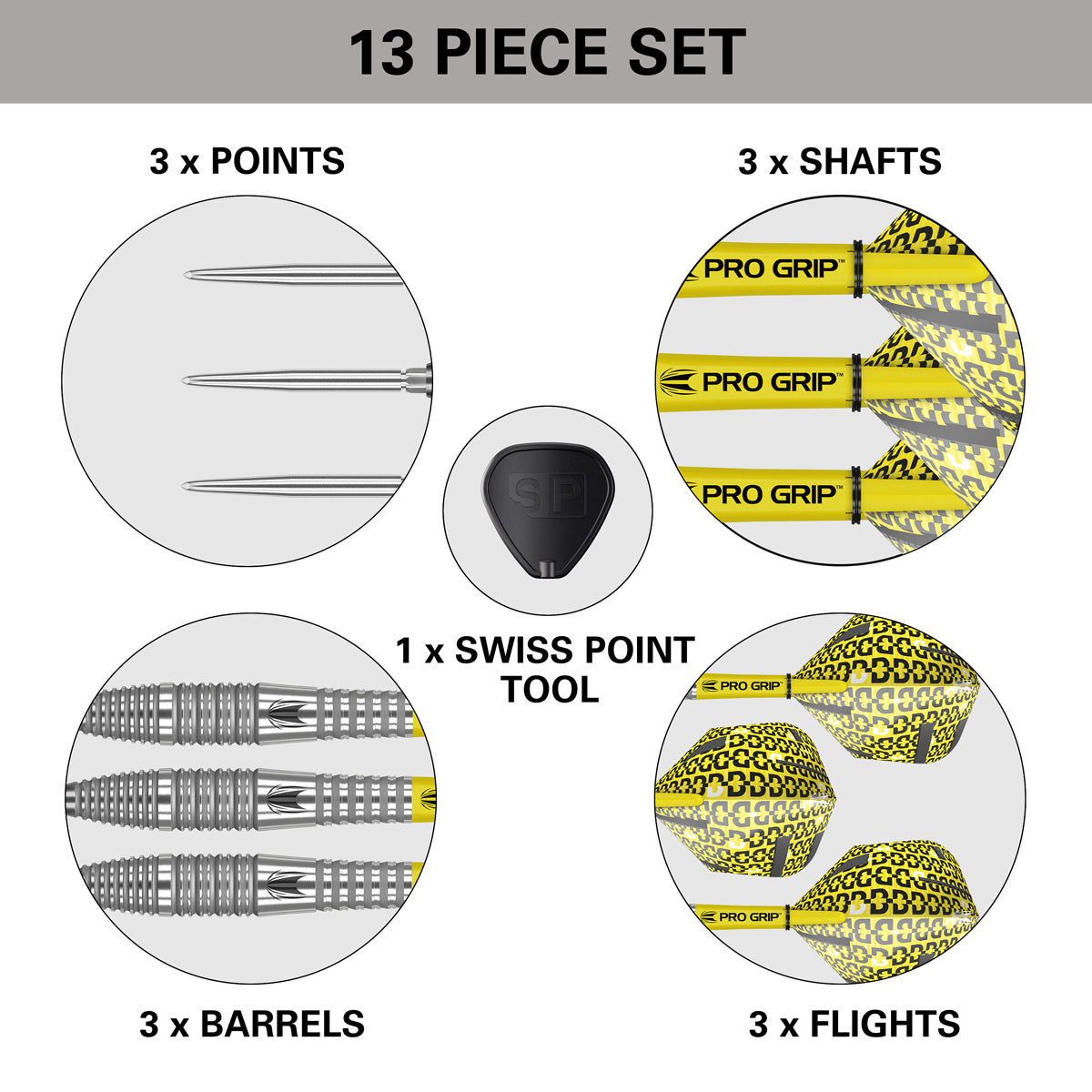 Bolide 05 SP Steel Tip Darts contents image displaying all included accessories and components inside the box