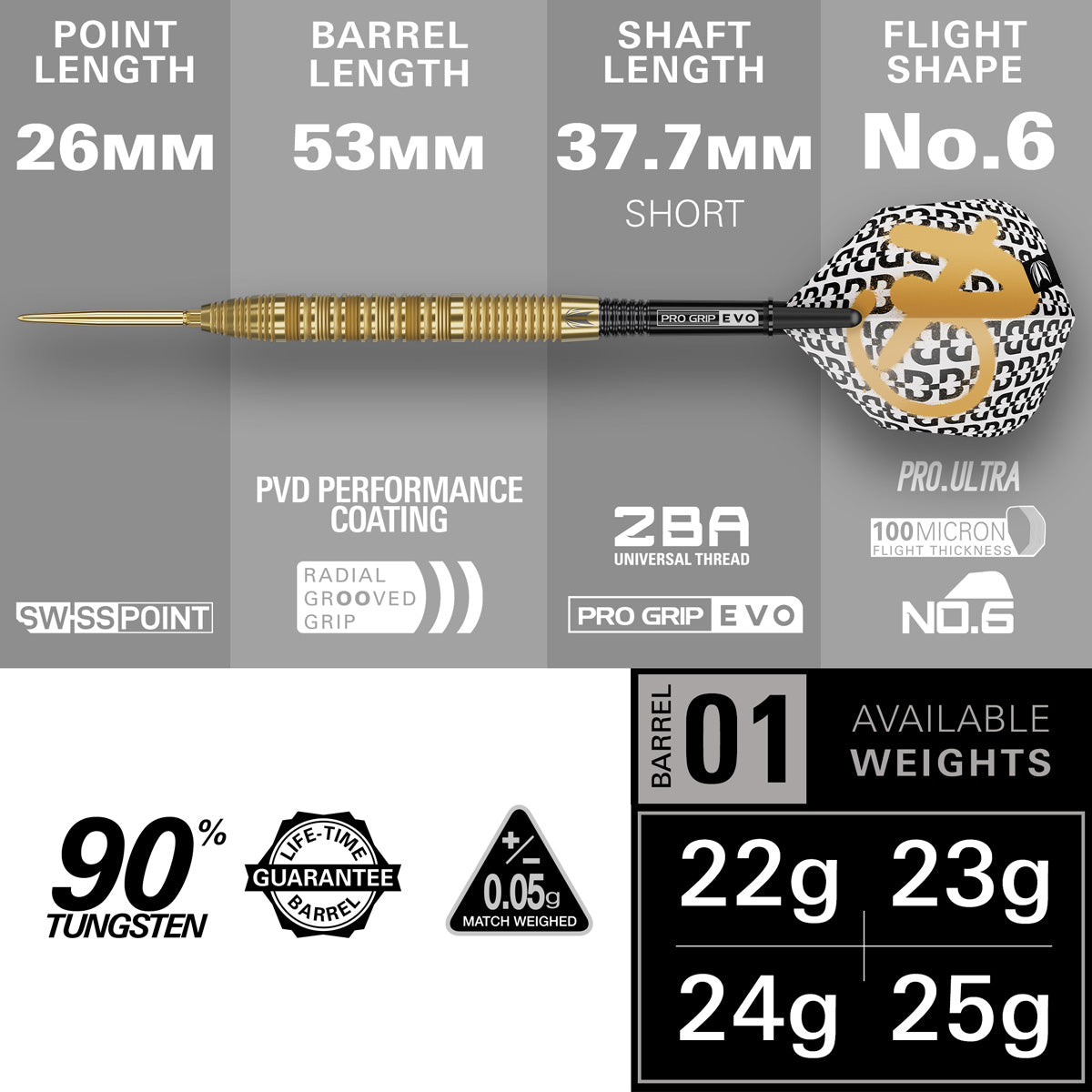 Bolide Envy 01 Steel Tip Darts specifications image showing barrel dimensions, weight, and technical details