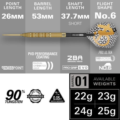 Bolide Envy 01 Steel Tip Darts specifications image showing barrel dimensions, weight, and technical details