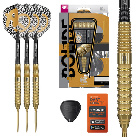 Bolide Envy 02 SP Steel Tip Darts main product image showing the darts, packaging, flights, shafts, and included accessories