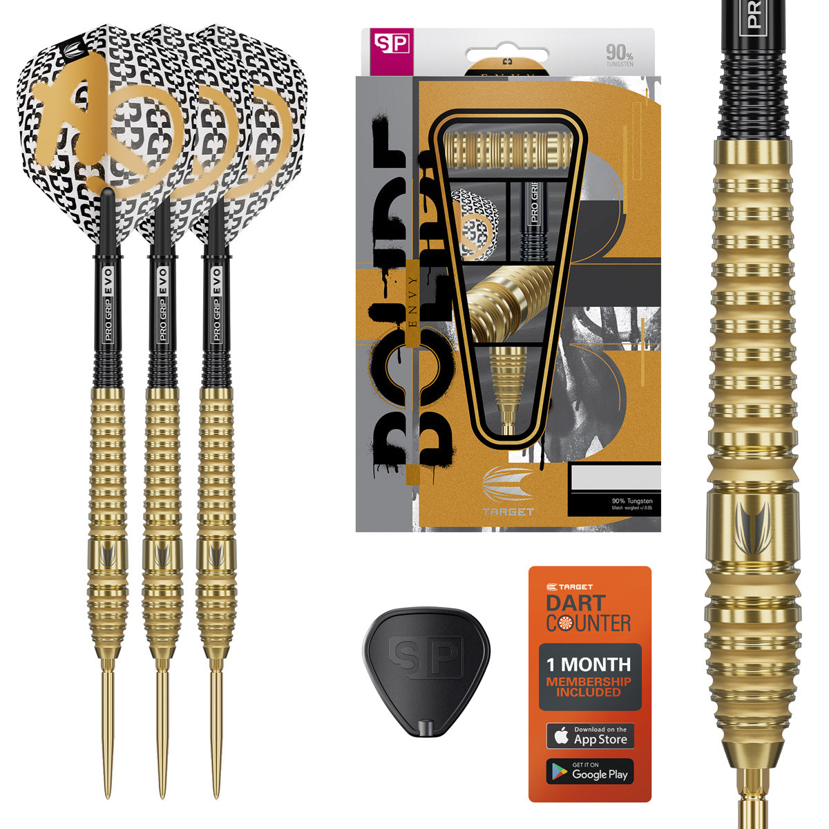 Bolide Envy 03 SP Steel Tip Darts main product image showing the darts, packaging, flights, shafts, and included accessories