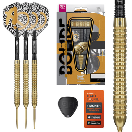 Bolide Envy 04 SP Steel Tip Darts main product image showing the darts, packaging, flights, shafts, and included accessories