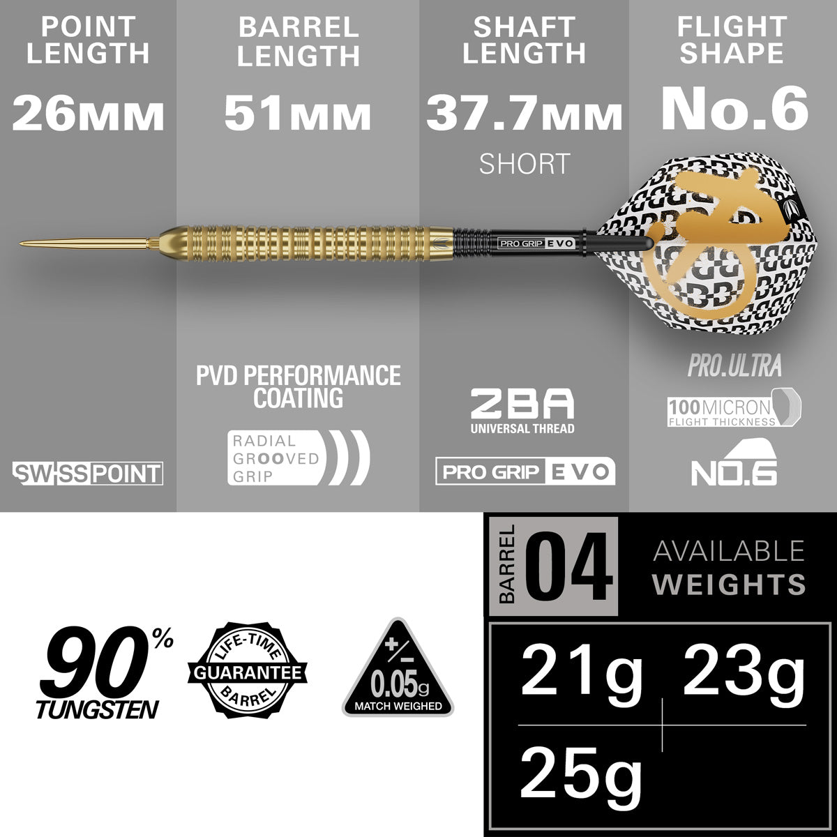 Bolide Envy 04 Steel Tip Darts specifications image showing barrel dimensions, weight, and technical details