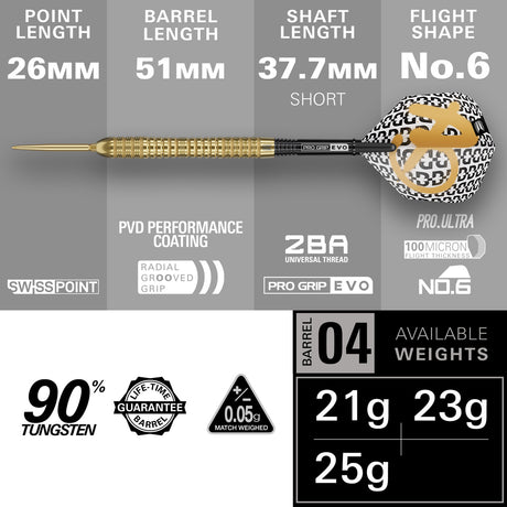 Bolide Envy 04 Steel Tip Darts specifications image showing barrel dimensions, weight, and technical details